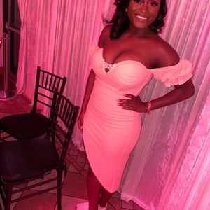 Salmon Pink Off Shoulder Puff Sleeve Midi Dress